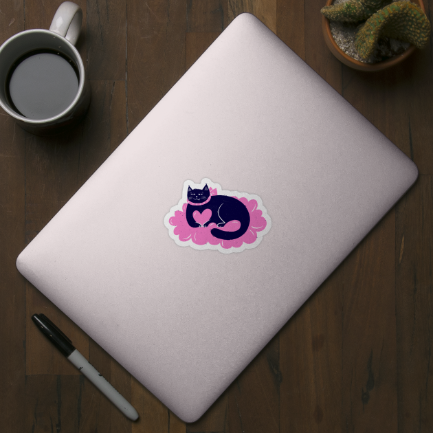 Arrogant blue cat sitting on pink cloud of hearts by iulistration